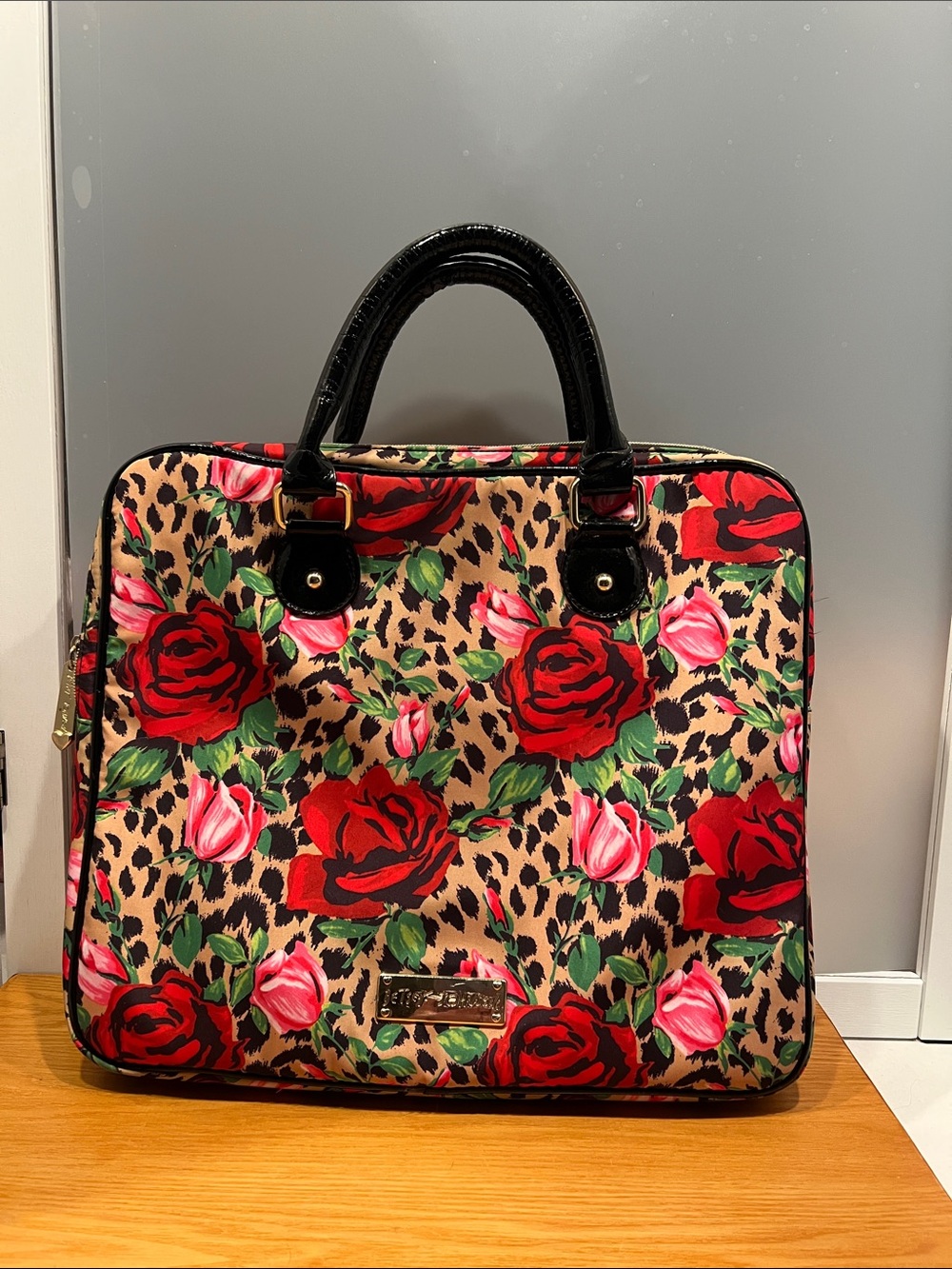 Betsy Johnson leopard rose print laptop bag double handle